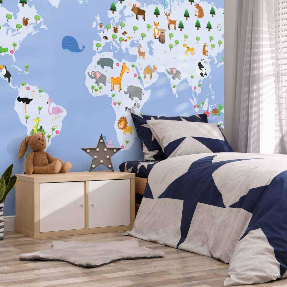 Wereldkaart voor kinderen met blauwe achtergrond