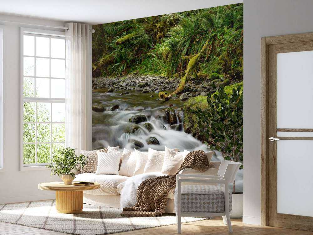 Groen rotsblok met riviertje