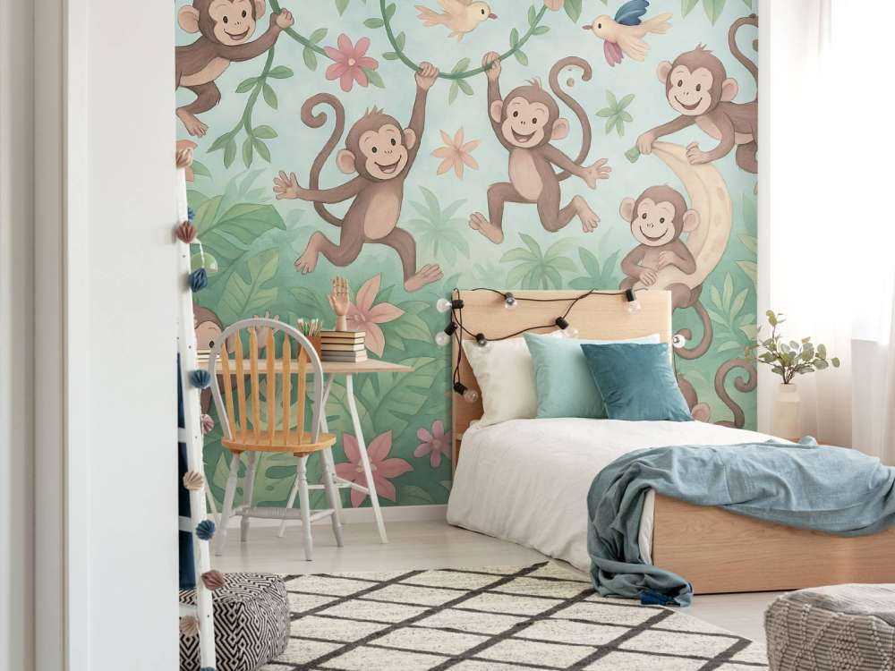 Vrolijke apen in de bloemenjungle