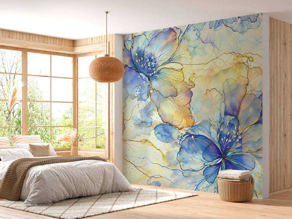 Aquarelbloemen in blauw en goud