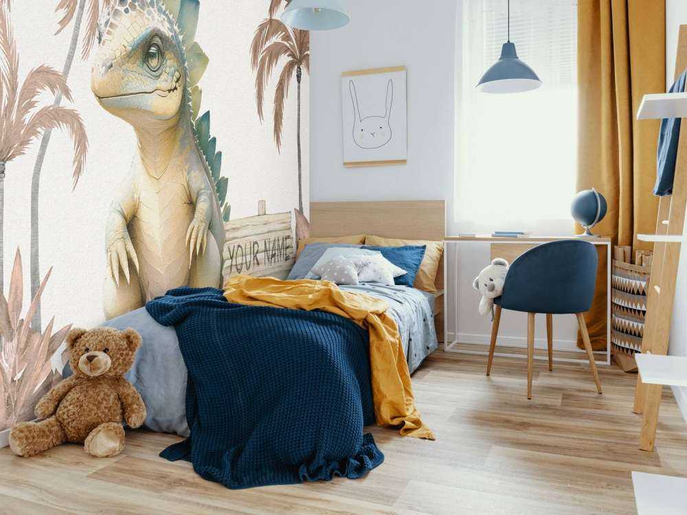 Baby stegosaurus in de jungle taupe