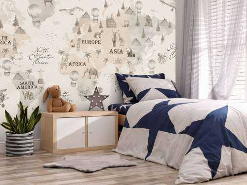 Wereldkaart met verschillende dieren off-white