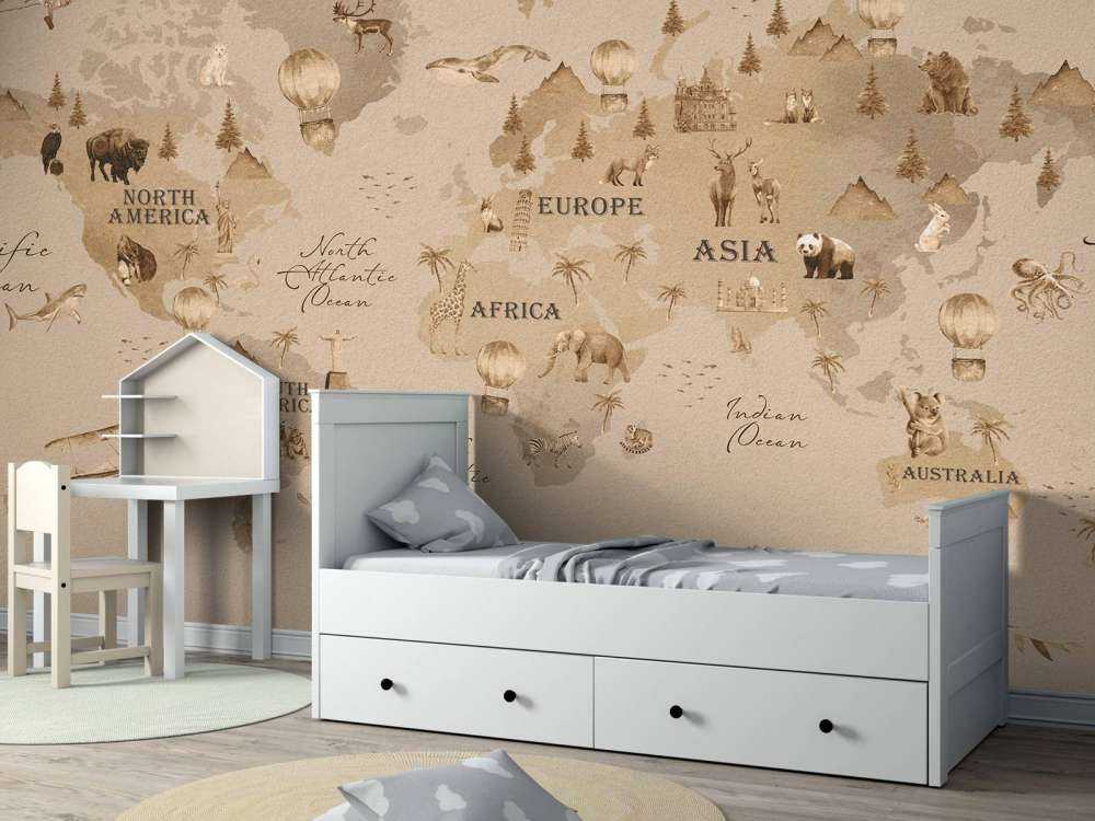 Wereldkaart met verschillende dieren taupe