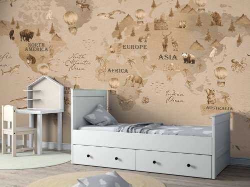 Wereldkaart met verschillende dieren taupe