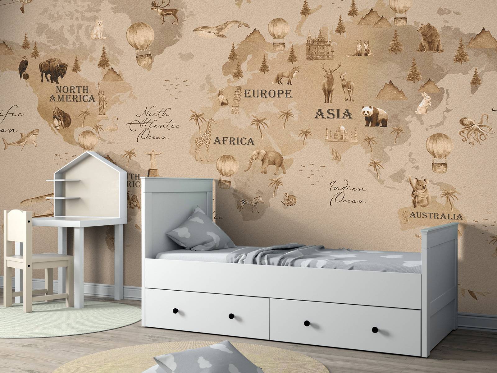 Wereldkaart met verschillende dieren taupe