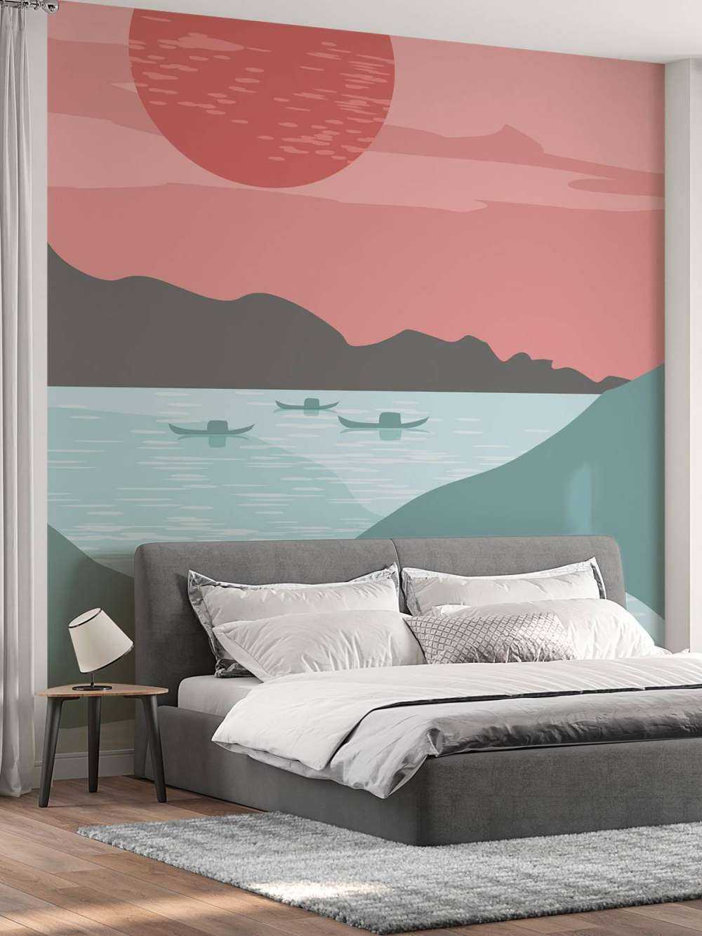 Illustratie van bergen en bootjes