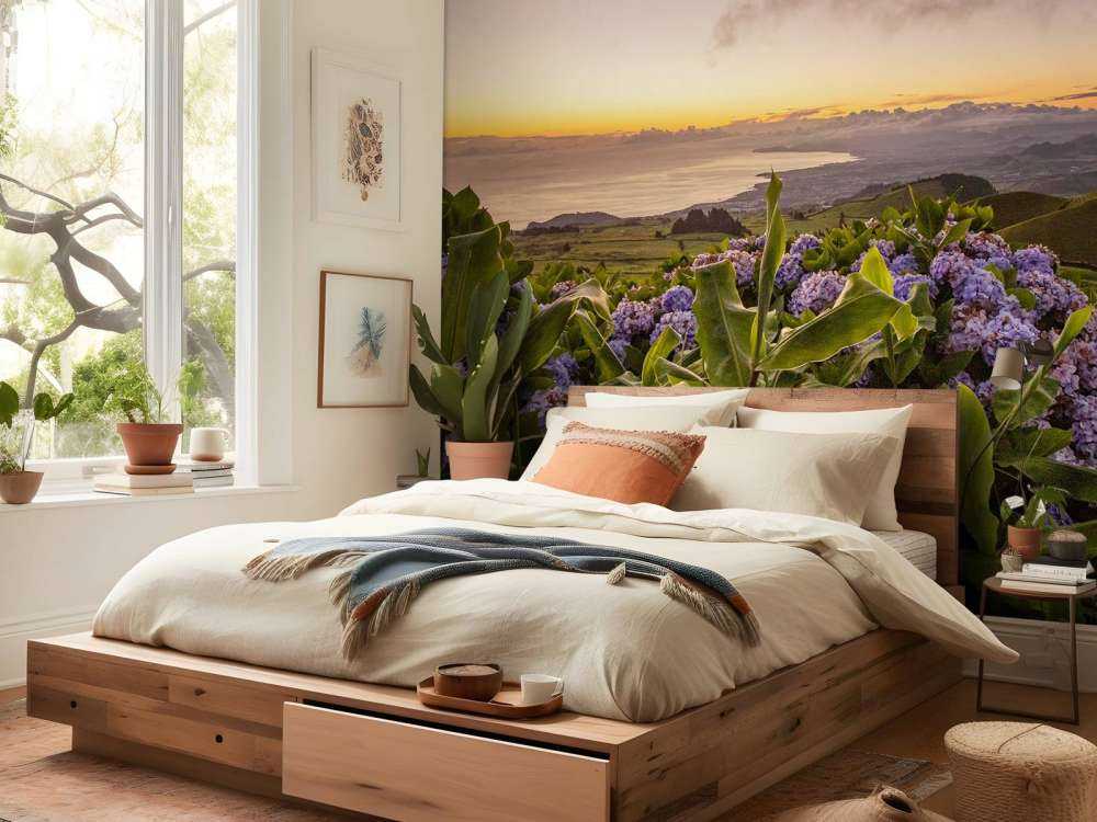 Zonsondergang met hortensia's