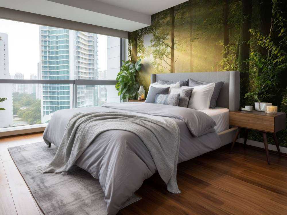 Mistige bosweg bij zonsopkomst