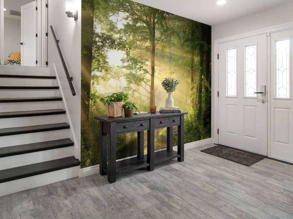 Mistige bosweg bij zonsopkomst