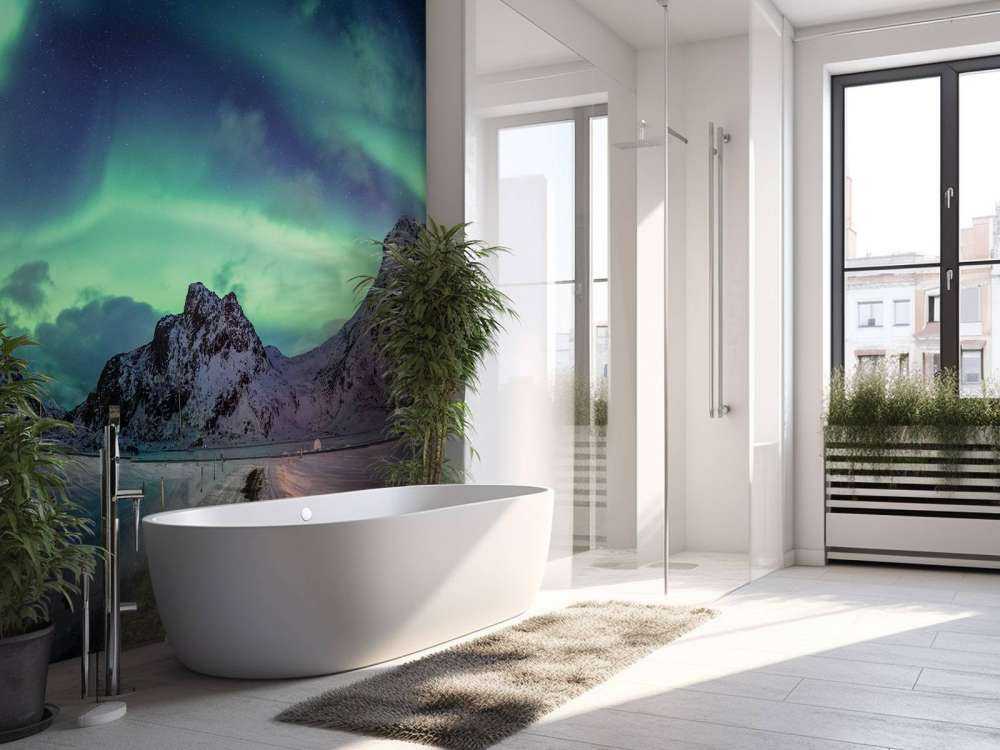 Noorderlicht boven besneeuwde bergen