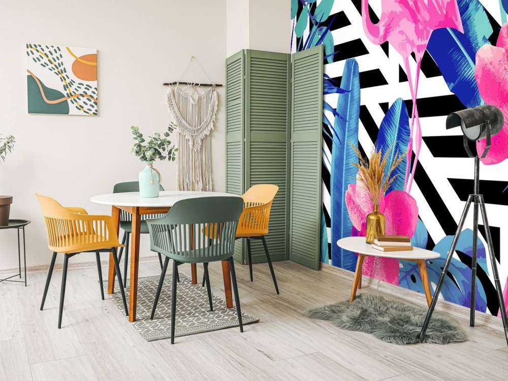 Flamingo print met witte en zwarte strepen