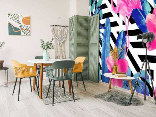Flamingo print met witte en zwarte strepen