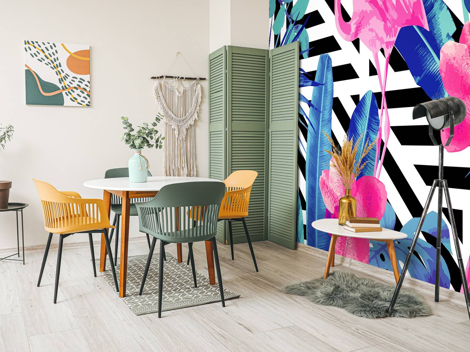 Flamingo print met witte en zwarte strepen