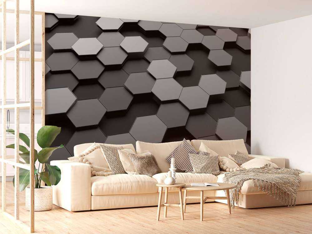 3D weergave van zeshoeken in zwart-wit