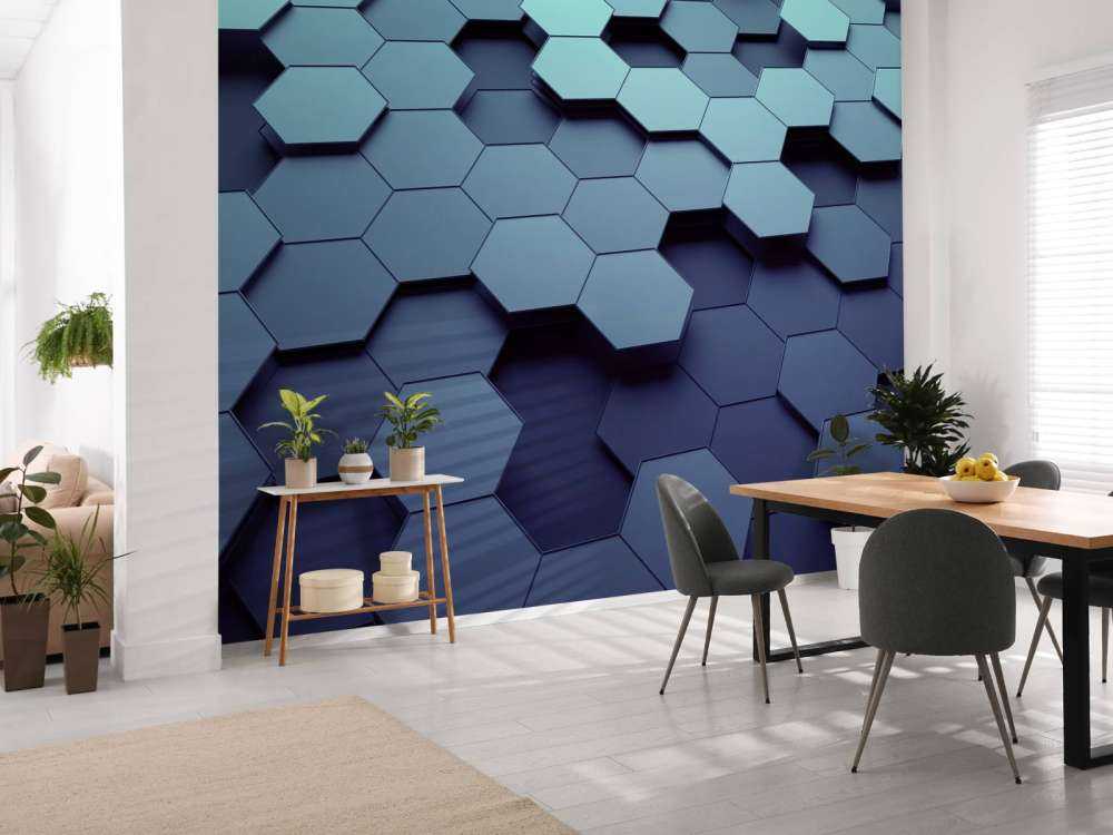 3D weergave van blauwe zeshoeken