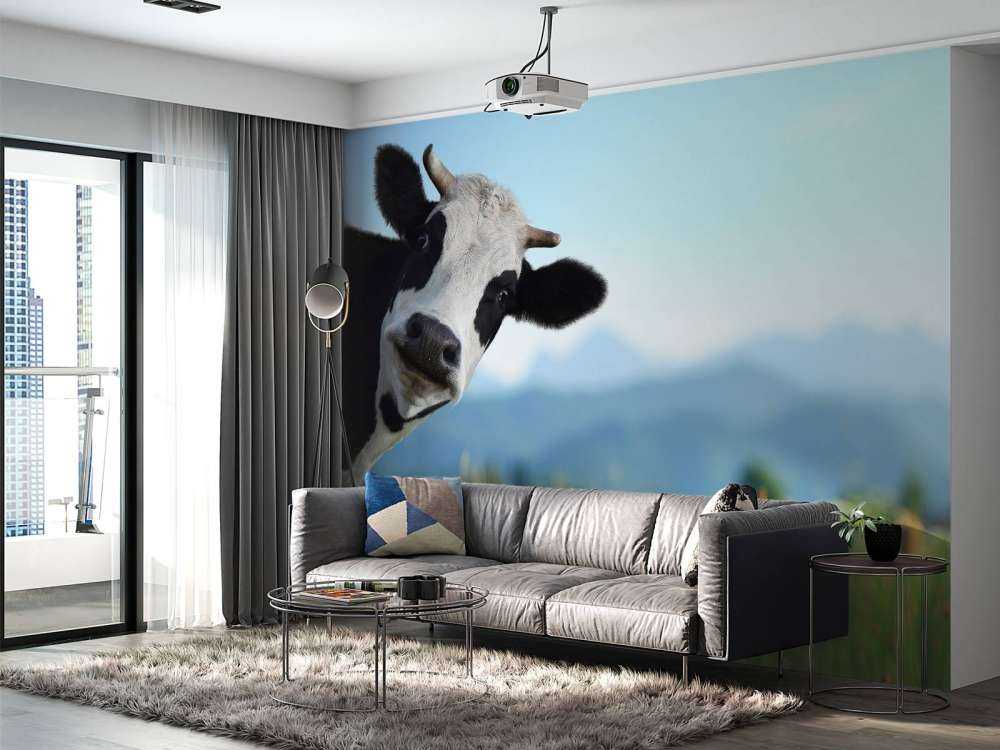 Grappige koe met berg op achtergrond