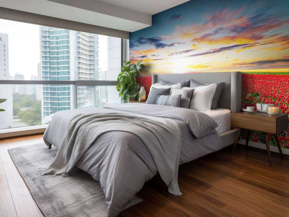 Rode tulpenveld bij zonsopkomst