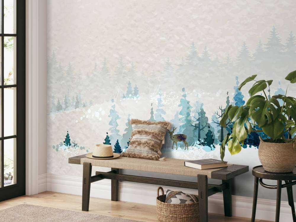 Winterlandschap met dennenbomen en een hert