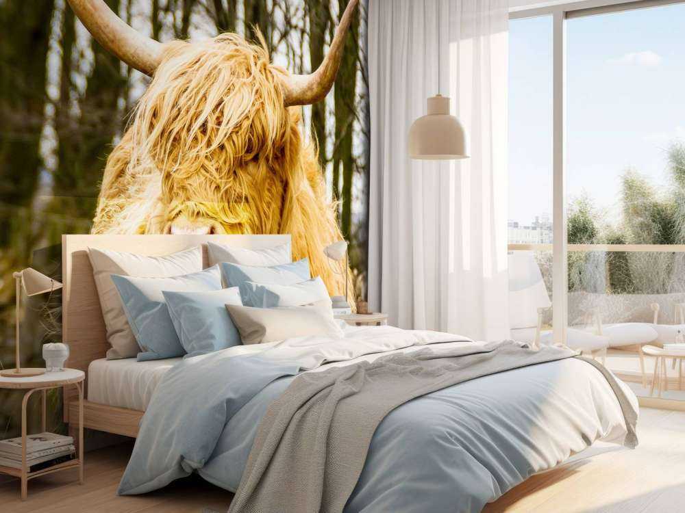 Schotse Hooglander met Bomen op achtergrond