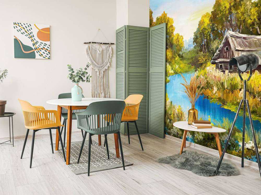 Boerderij aan een rivier schilderij