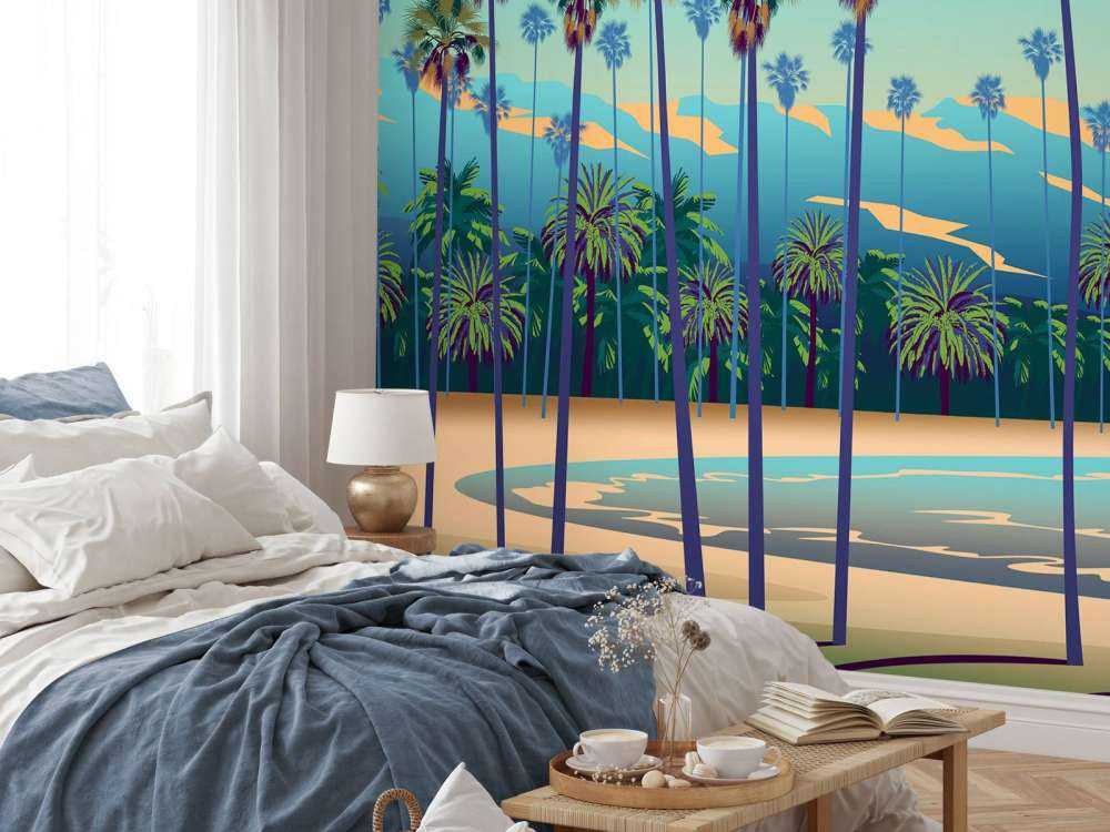 Getekende meer met palmbomen