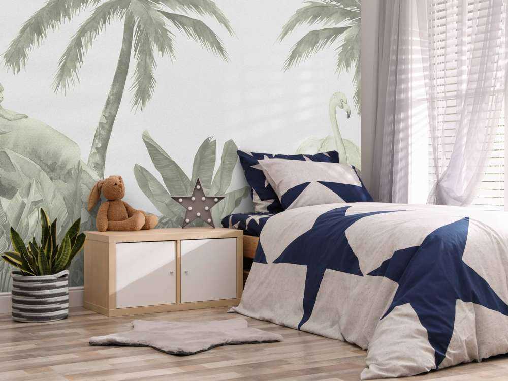 Apen en flamingo's in groen