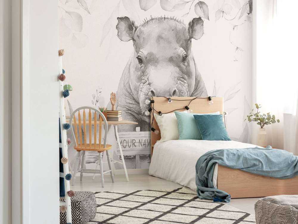 Baby nijlpaard in de bladeren beige