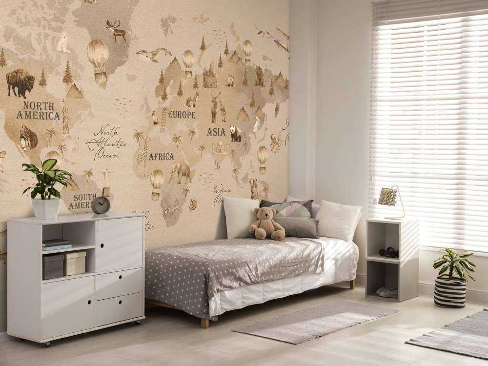 Wereldkaart met verschillende dieren taupe