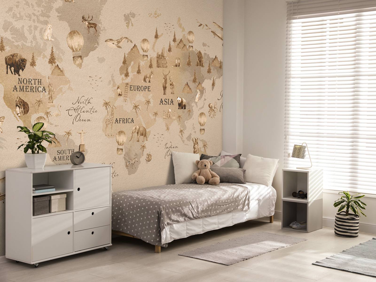 Wereldkaart met verschillende dieren taupe