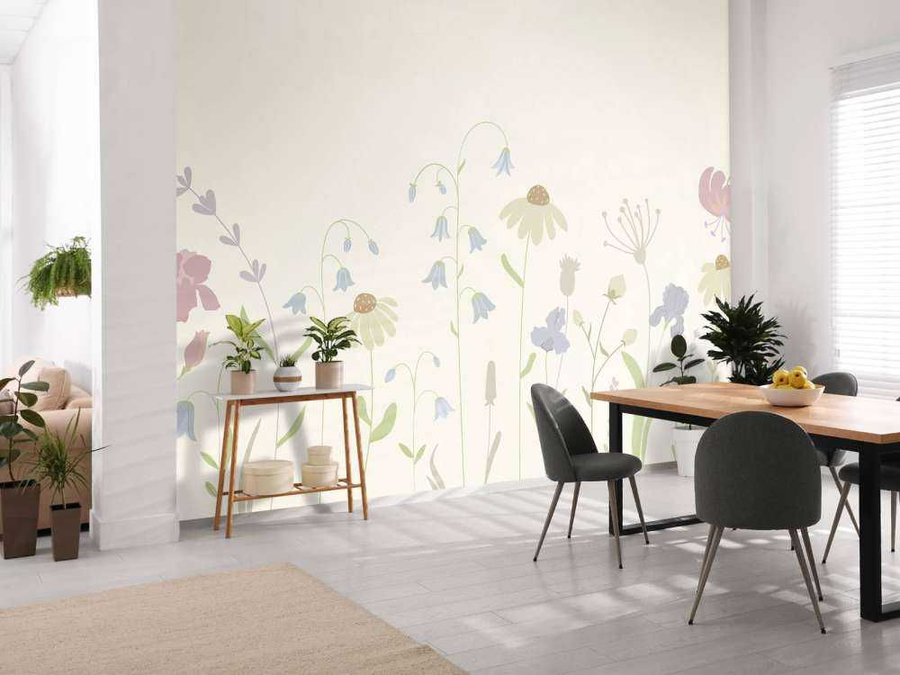 Bloemenveld hoog beige, oud roze, groen en lila