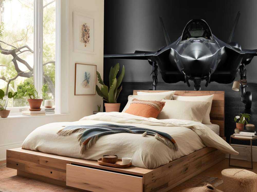 Zwarte F35 in een donkere ruimte