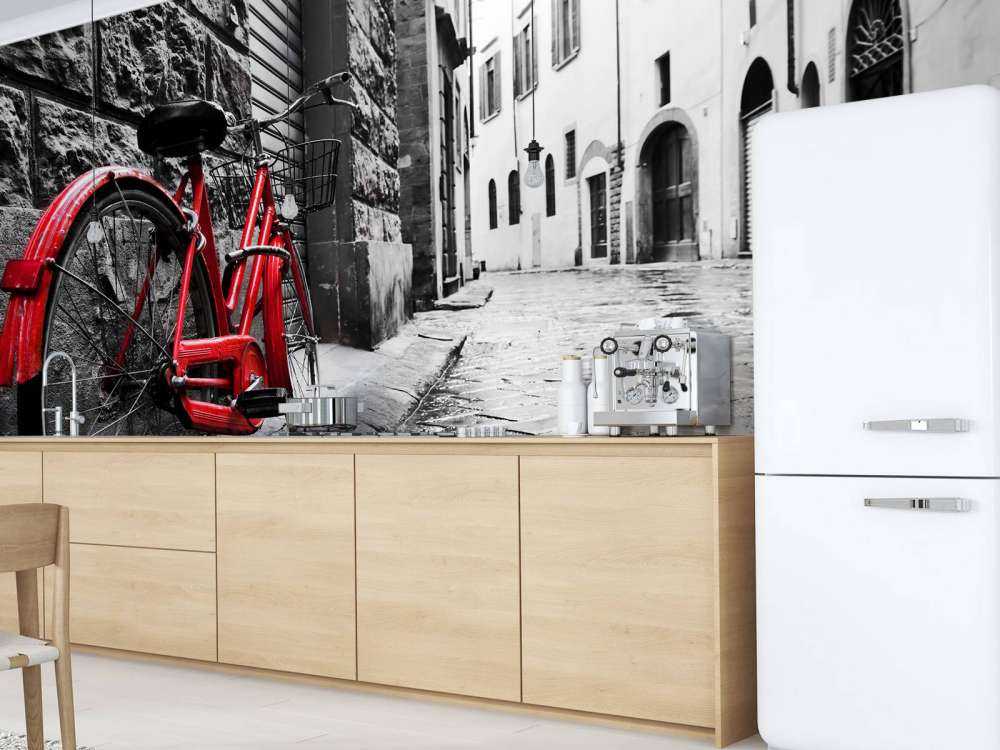 Rode fiets in een zwart-witte straat