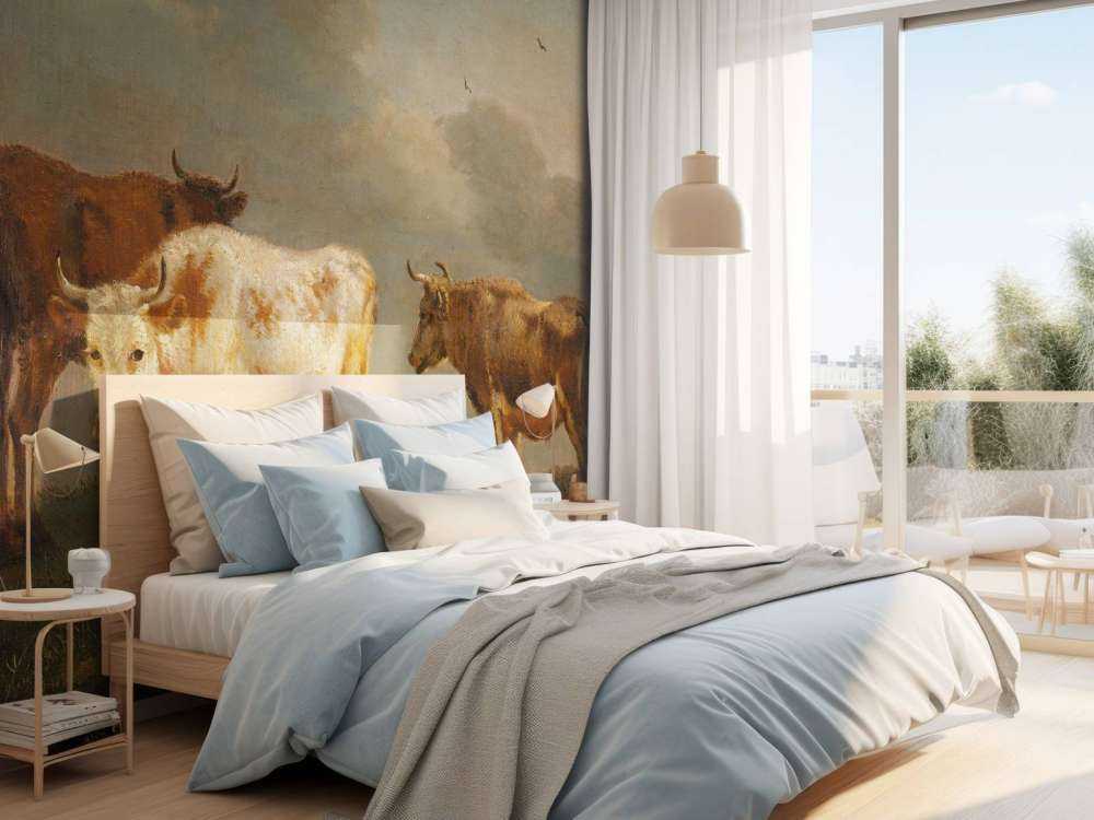 Vier jonge stieren in de wei