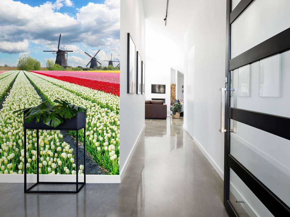 Tulpenveld onder een bewolkte hemel