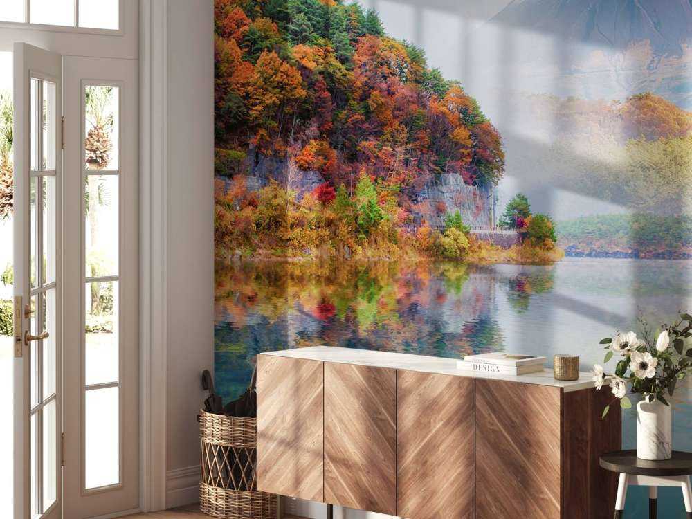 Helder blauw meer met een vulkaan op de achtergrond