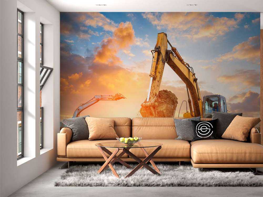 Graafmachines bij zonsondergang