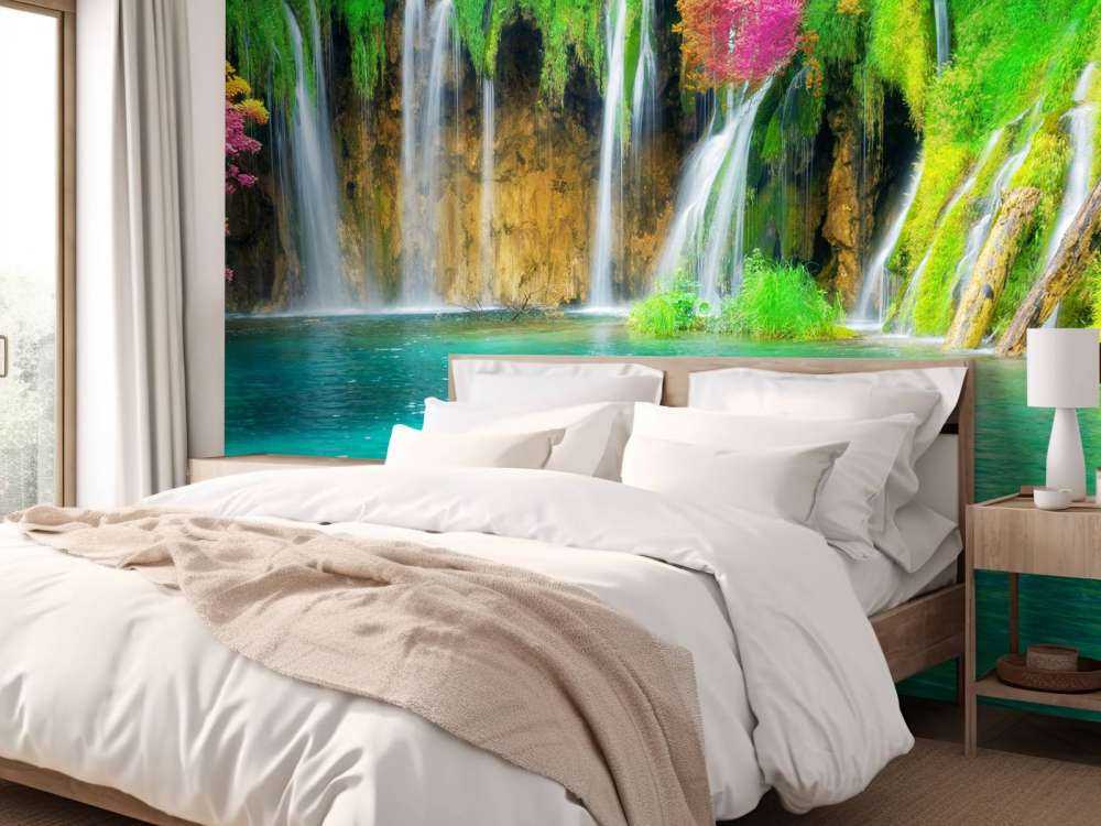 Exotische waterval met kleurrijke bloemen