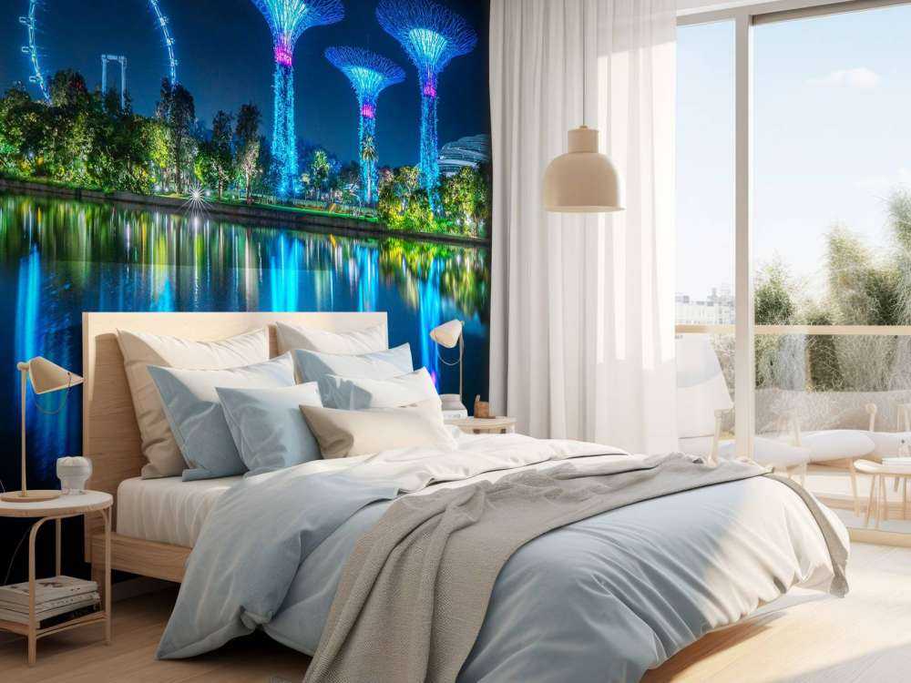 Futuristische lichtbomen aan water