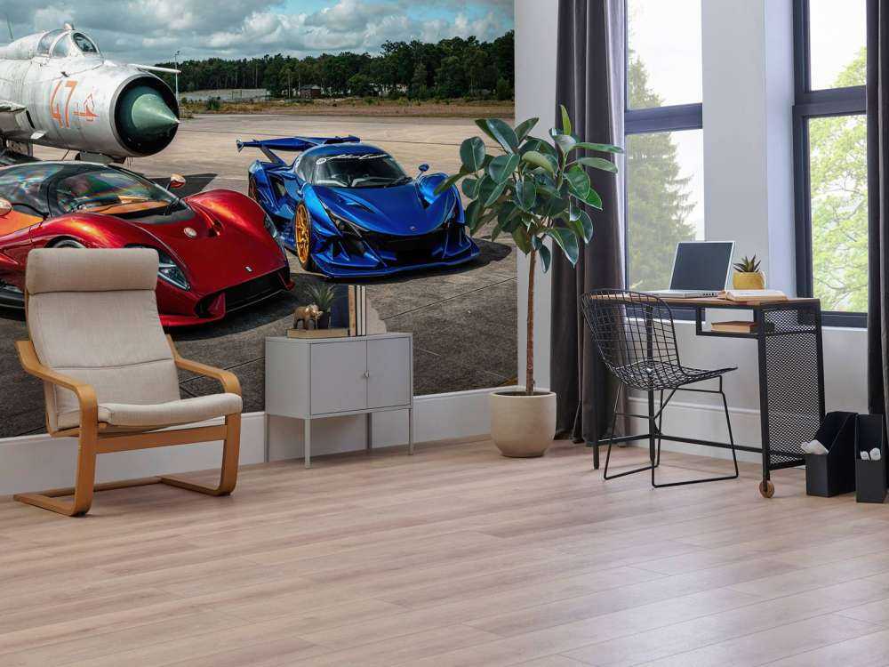 Luxe supercars bij gevechtsvliegtuig