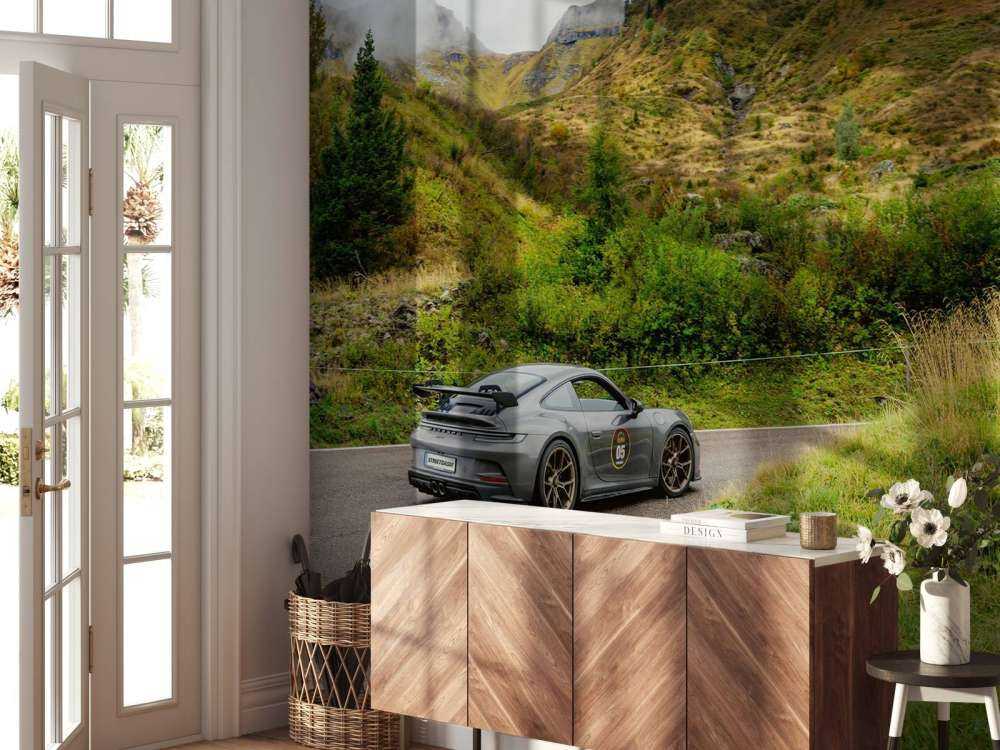 Sportwagen door bergmist