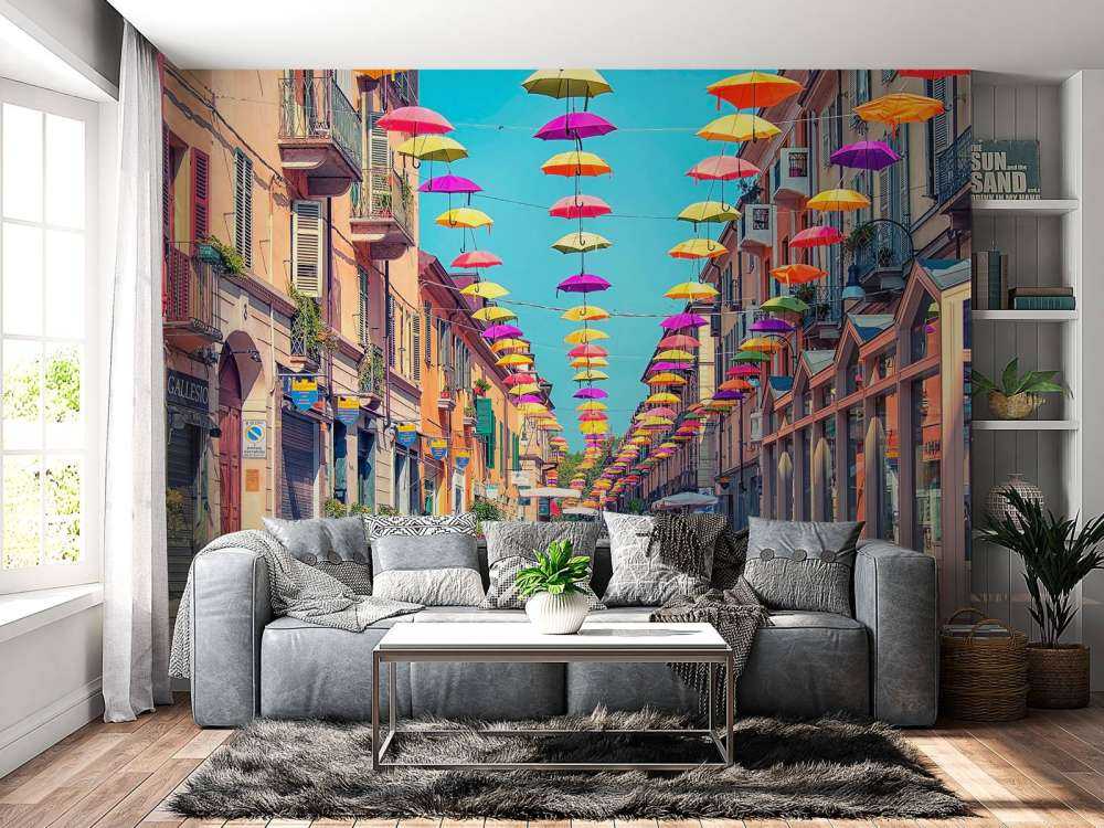 Vrolijke parasols boven zonnige straat