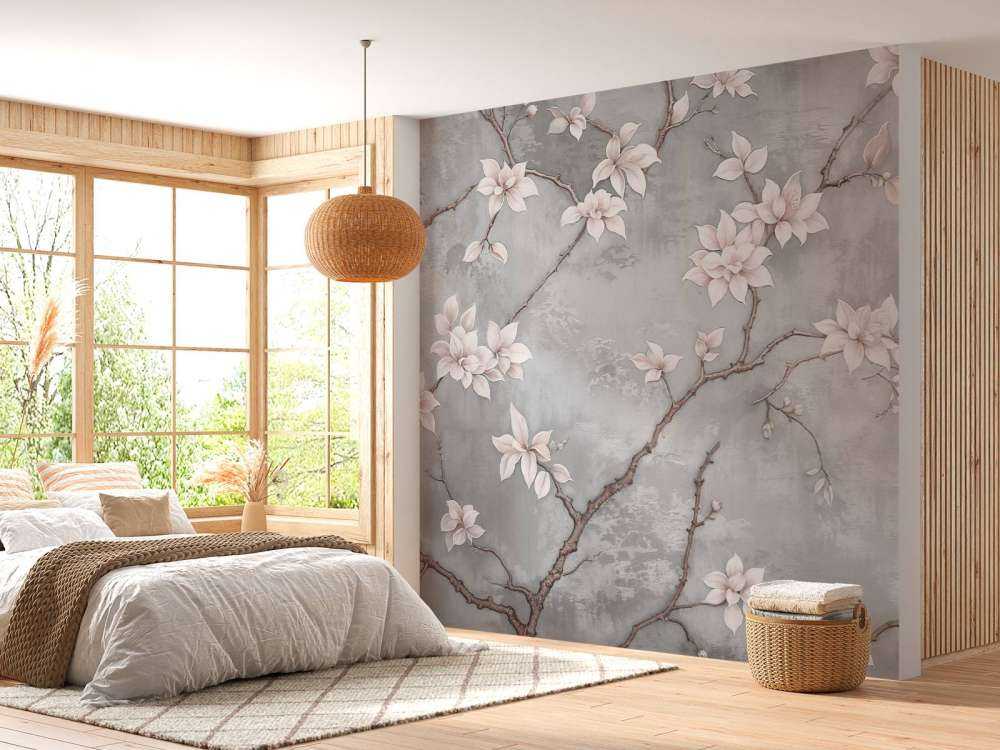 Witte magnoliatak op mistgrijs