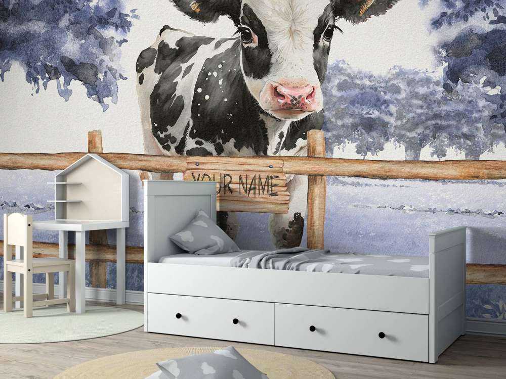 Jonge koe in een weiland blauw