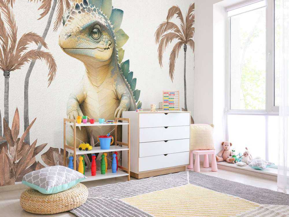 Baby stegosaurus in de jungle taupe