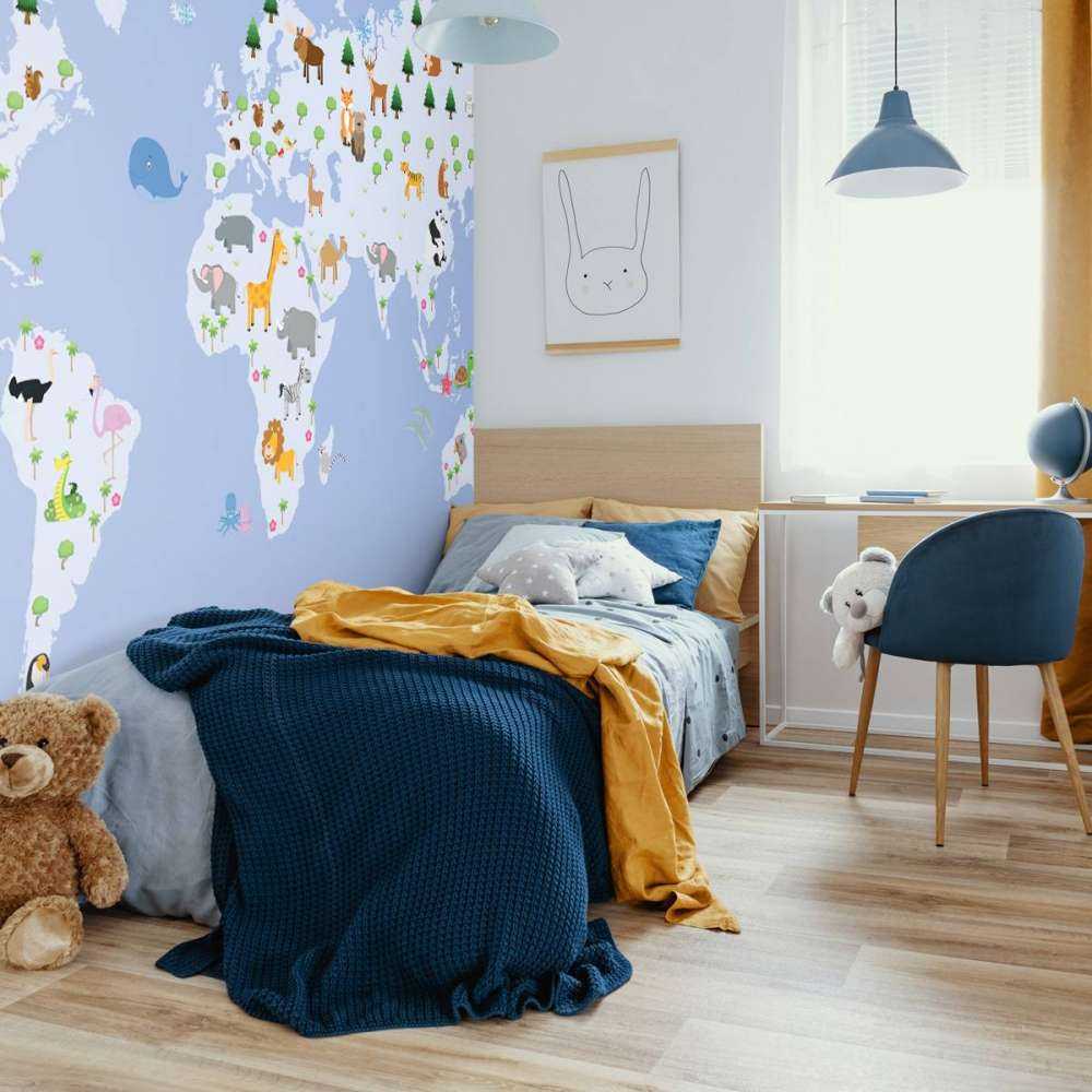 Wereldkaart voor kinderen met blauwe achtergrond