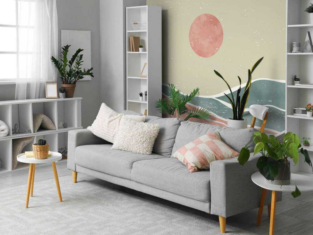 Gekleurde oceaangolven met een rode maan