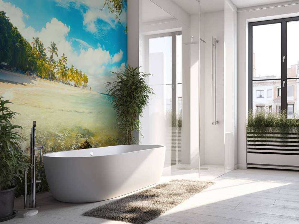 Wit strand met een kleurrijke zee