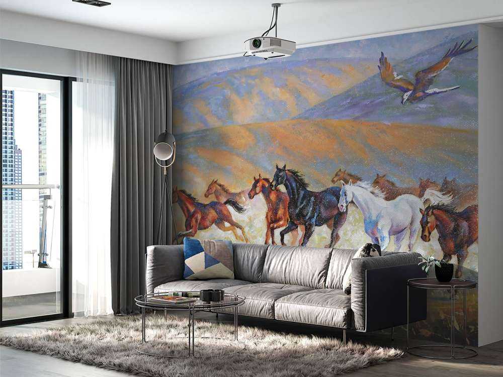 Schilderij van paarden en een vliegende adelaar