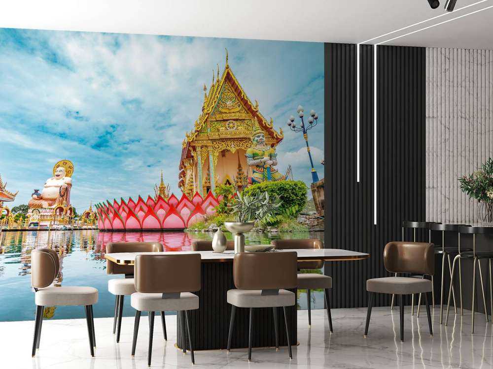 De Wat Plai Laem Boeddhistische tempel met standbeelden