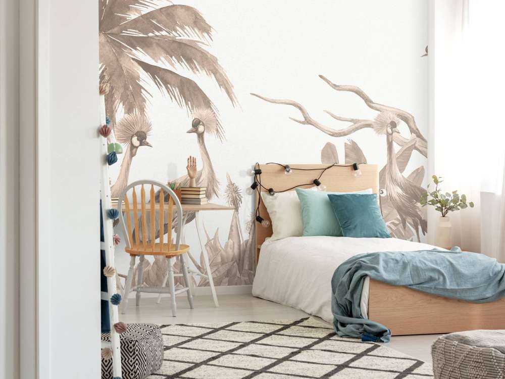 Jungle met kraanvogels in taupe